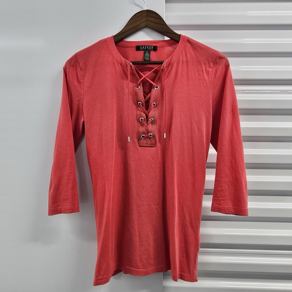 Lauren Ralph Lauren Women's S Pink Lace Up 3/4 Sleeve Cotton Knit Top